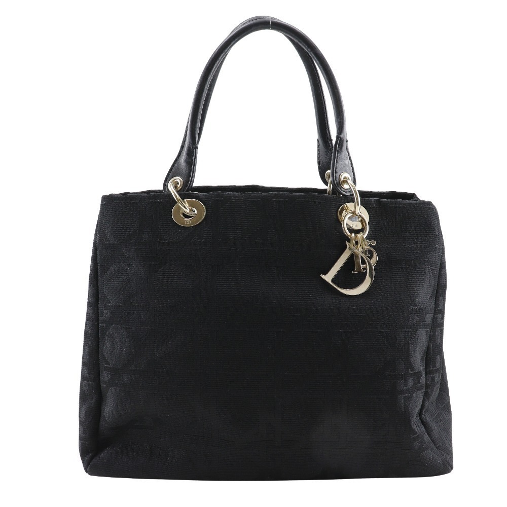 Christian Dior Cannage Tote Bag Black Nylon Canvas Shoulder Open